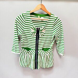 Anthropologie‎ Moth Four Petals Bow Green & White Striped Zip-Up Cardigan S